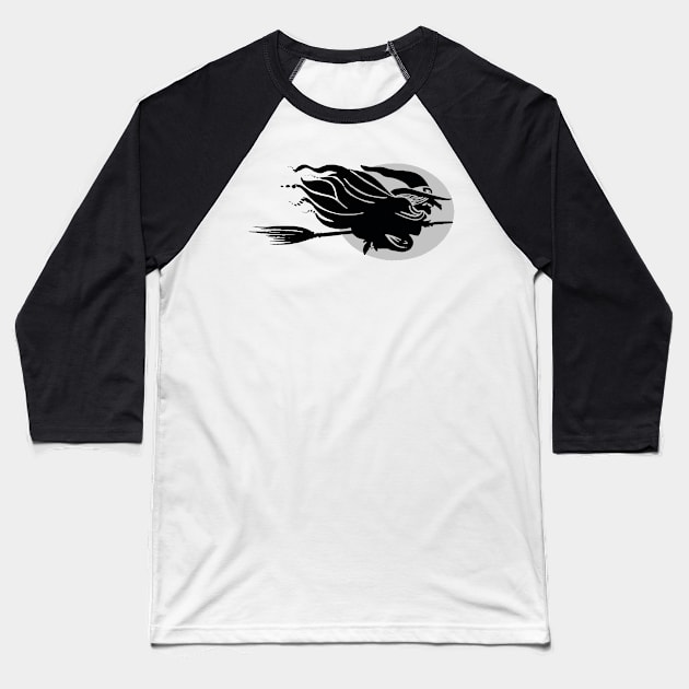 Flying Witch Sat Astride A  Broomstick In Front Of Moon Vector Art Baseball T-Shirt by taiche